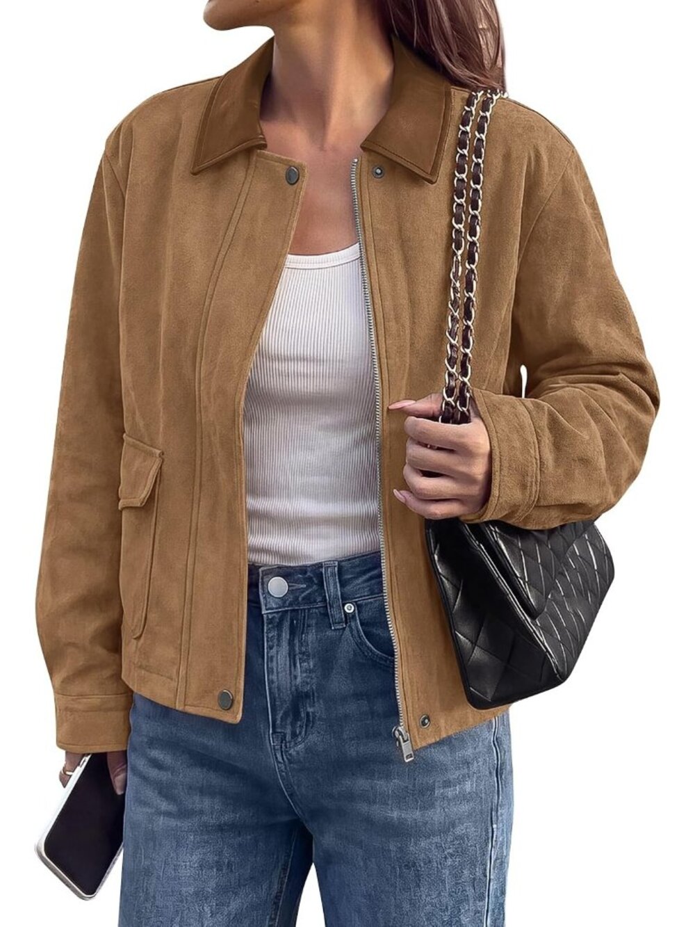 Women's Khaki Long Sleeve Faux Suede Lapel ZIP Up Fall Coat Moto Jacket